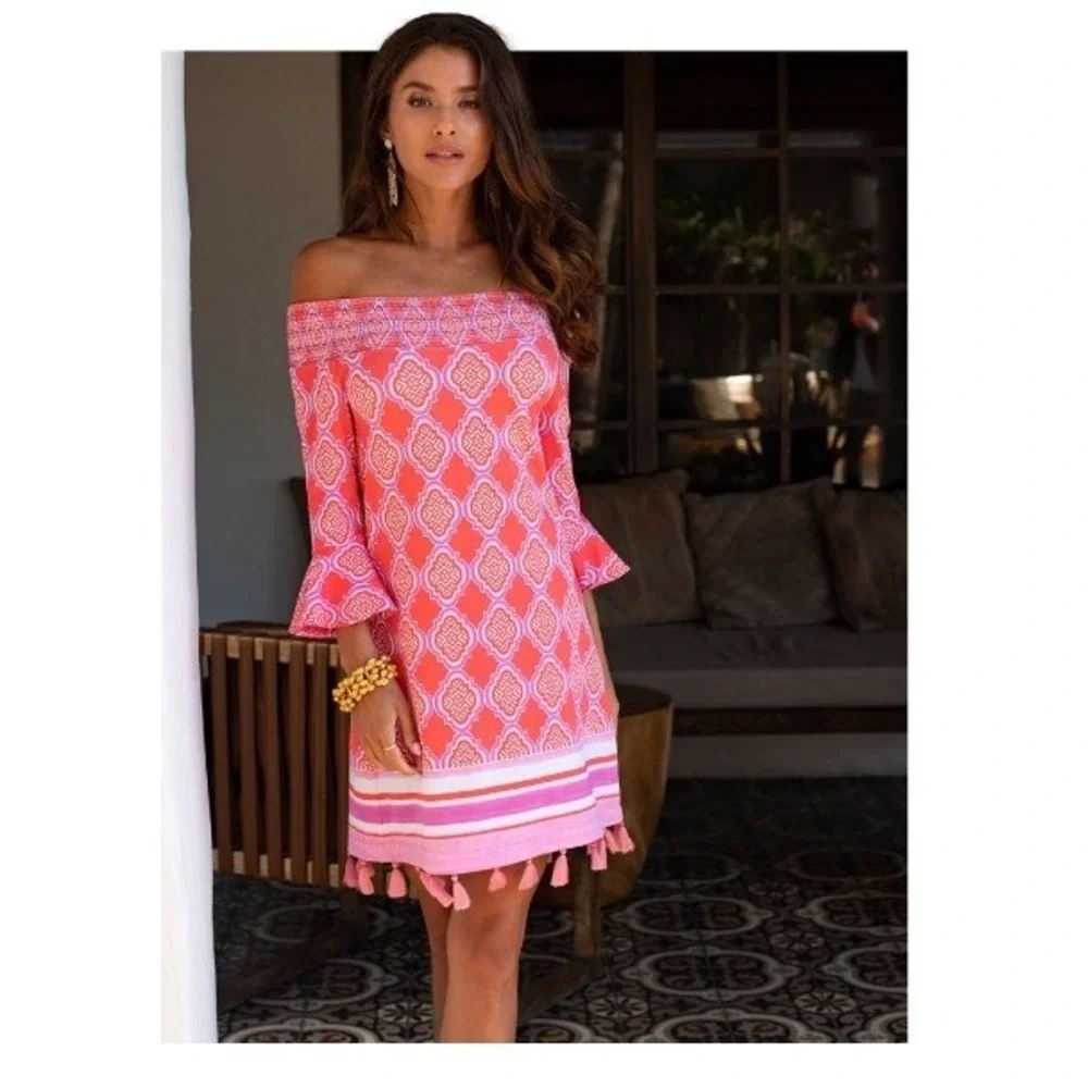 Coral Geo Off The Shoulder Dress - Picture 2 of 2